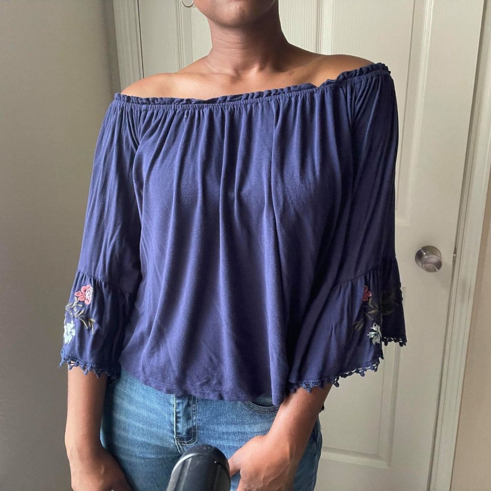 Navy Blue Flowy Casual Blouse with Embroider Flowers on Sleeves